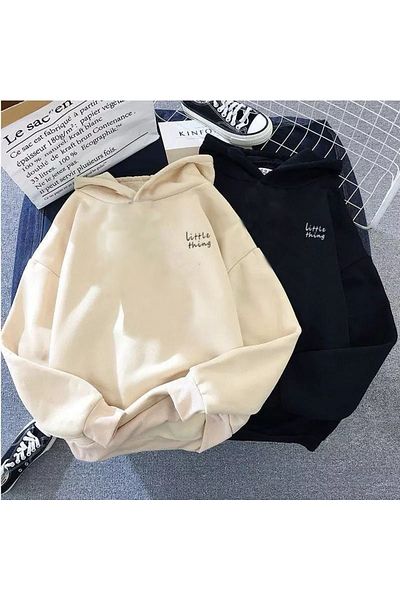 Benisengiydir Unisex Beige and Black Little Thing Printed Hooded Lover Couple Combination Set of 2