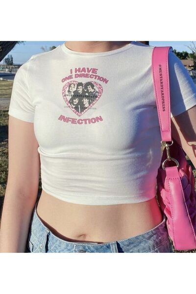 Gofeel Y2k I Have One Direction نصف تي شيرت مطبوع بلوزة قصيرة