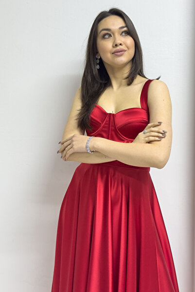 zks grup tekstil Red Midi Length Tie Back Globe Evening Dress, Prom, Graduation Dress