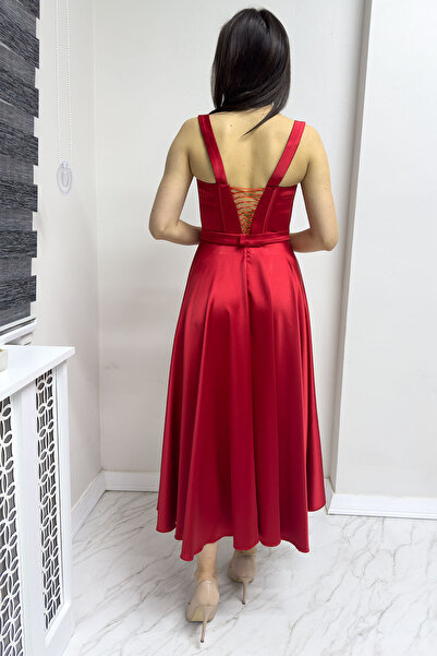 zks grup tekstil Red Midi Length Tie Back Globe Evening Dress, Prom, Graduation Dress