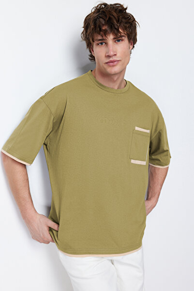 Trendyol Collection Khaki Color Block Oversize Cotton T-Shirt - with Pockets Tmnss22Ts0527