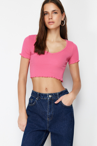 Trendyol Collection Pink Pool Collar Baby Overlock Detailed Crop Ribbed Stretchy Knitted Blouse TWOSS24BZ00197