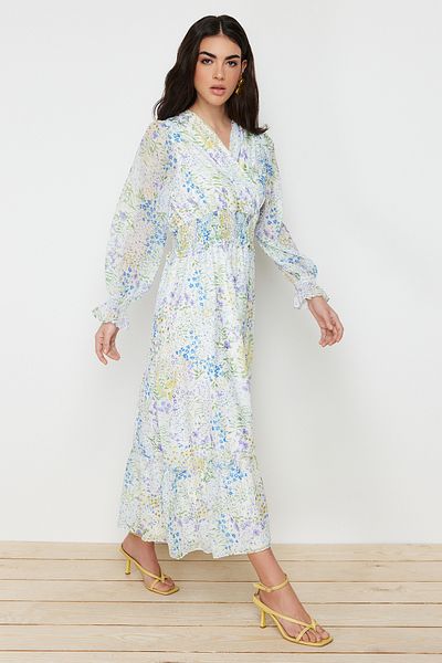 Trendyol Modest Zelené tkané květinové šaty s podšívkou TCTSS24EB00080