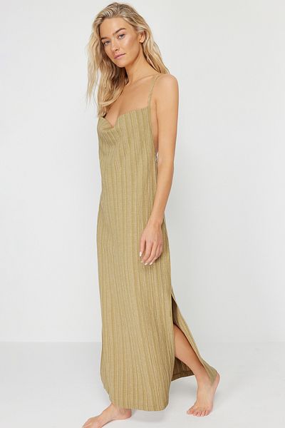 Trendyol Collection Grünes Maxi-Strandkleid aus gewebtem, rückenfreiem Leinengemisch TBESS24EL00070