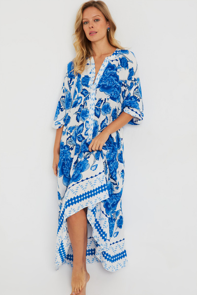 Cool & Sexy Γυναικείο Φαρδύ Maxi Φόρεμα μπλε Q981 με σχέδια