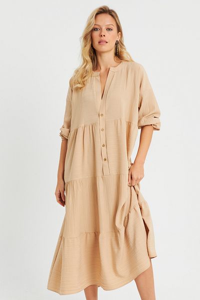 Cool & Sexy Γυναικείο φαρδύ μίντι φόρεμα Camel Q982