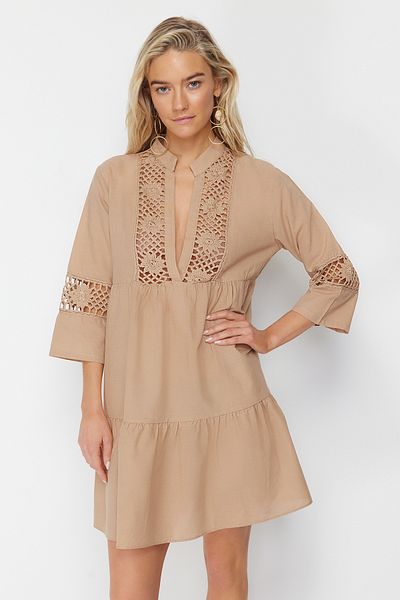 Trendyol Collection Beige Mini Woven Lace Detailed 100% Cotton Beach Dress TBESS20EL0854