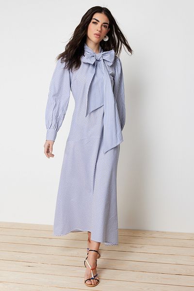 Trendyol Modest Sötétkék masni részletes pamut szőtt csíkos ruha TCTSS24EB00071