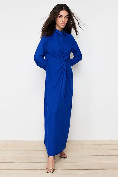 Trendyol Modest Λεπτομερές υφαντό φόρεμα Saks με κόμπο και φερμουάρ TCTSS23EB00137