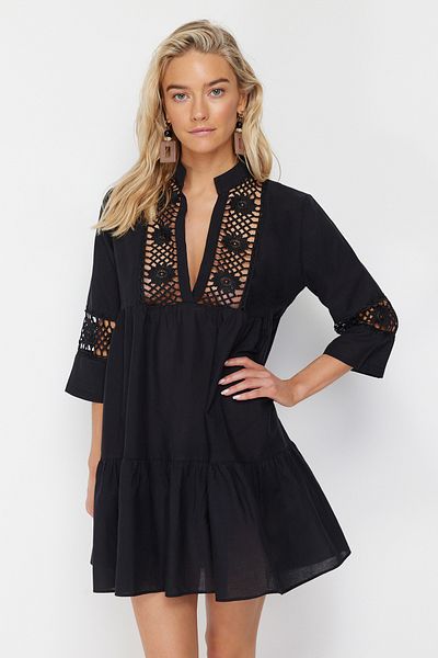 Trendyol Collection Černé mini tkané krajky Detailní 100% bavlna plážové šaty TBESS20EL0854
