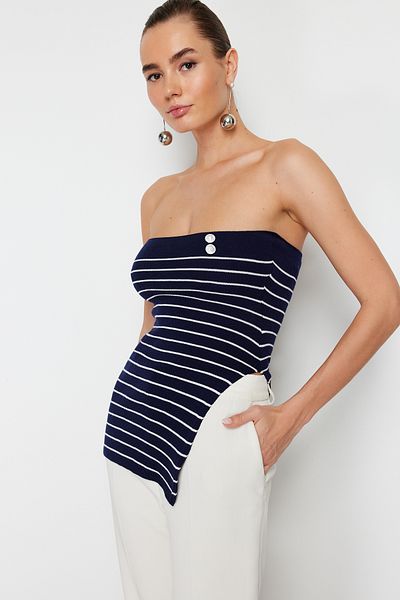Trendyol Collection Μπλε Navy ριγέ στράπλες Premium νήμα/ειδικό νήμα πλεκτό μπλούζα TWOSS24BZ00139