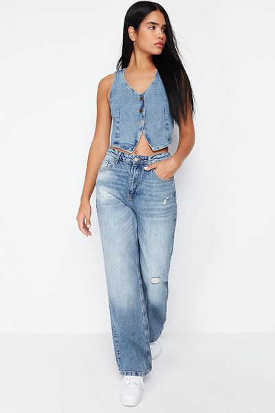 Trendyol Collection Blugi largi cu talie joasă albastru TWOSS24JE00173/Albastru