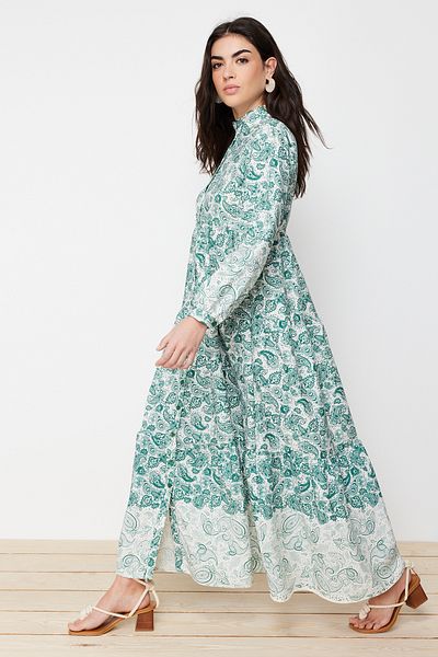 Trendyol Modest Blaues, gewebtes Hemdkleid mit ethnischem Muster und vorherrschendem Kragen in Leinenoptik TCTSS23EB00286