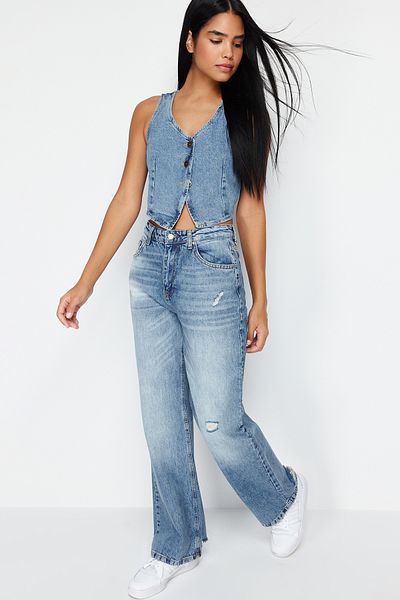 Trendyol Collection Blugi largi cu talie joasă albastru TWOSS24JE00173/Albastru