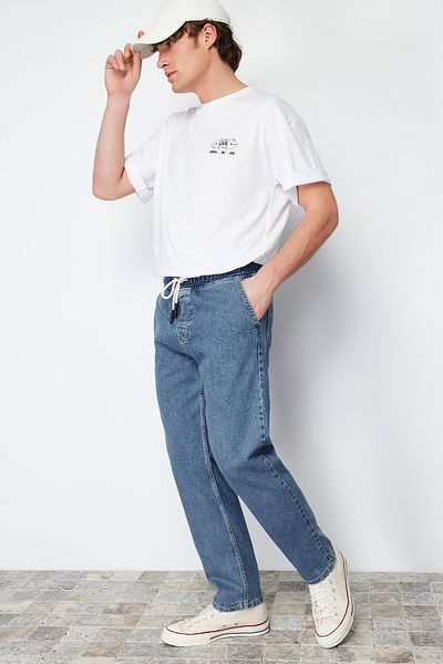 Trendyol Collection Ανοιχτό μπλε φαρδιά εφαρμογή - 100% βαμβακερή κανονική εφαρμογή Loose Jeans Jeans TMNAW24JE00025