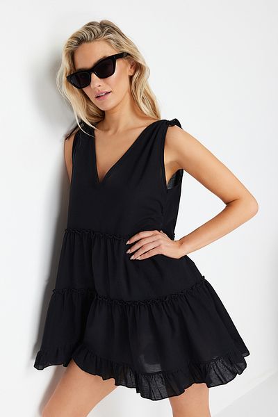 Trendyol Collection Černé široké tkané 100% bavlněné mini plážové šaty TBESS21EL1247