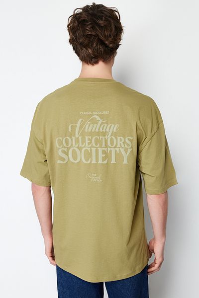 Trendyol Collection Oversize Χακί Χνουδωτό T-Shirt - Text Printed, 100% Cotton, TMNSS24TS00044