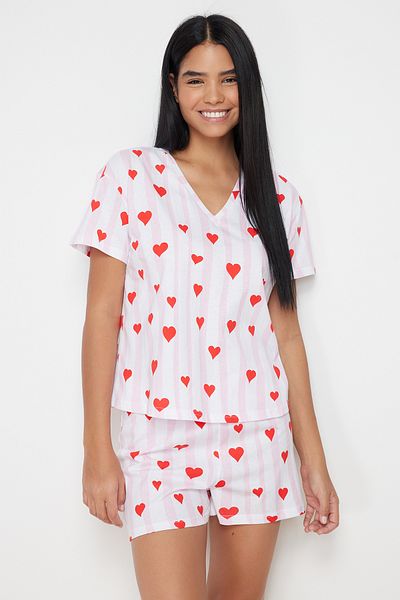 Trendyol Collection Barevný pudr 100% bavlna, pruhované a srdíčkový pyžamový set - THMSS24PT00073
