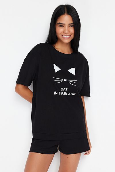 Trendyol Collection Set pijamale late din bumbac negru cu imprimeu Cat - THMSS24PT00079