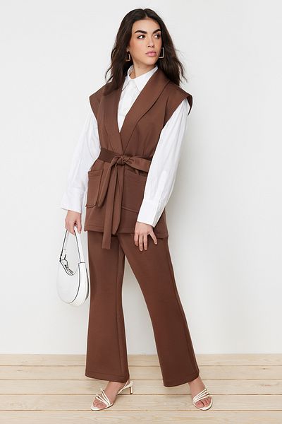 Trendyol Modest Scuba Fabric Diving Vest and Trousers Set - Brown Belted, Knitted, TCTSS24US00028