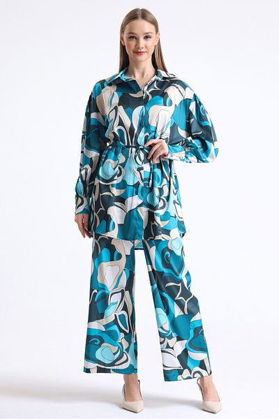 MD trend Women's Geometric Patterned Belted Wide Leg Trousers and Balloon Sleeve Tunic Bottom-Top Satin Set