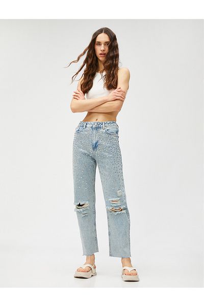 Koton High Waist Denim Trousers Stone Embroidered Straight Leg - Eve Jeans