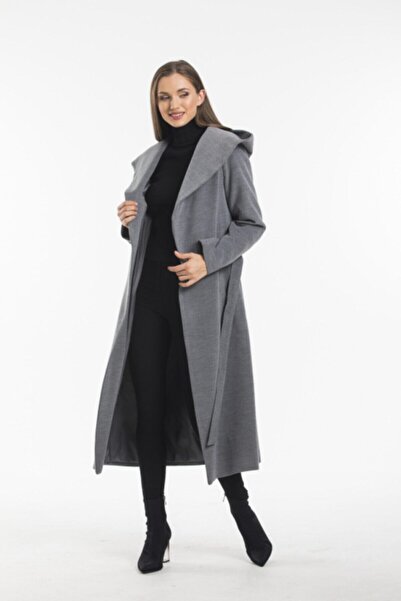 PİTTİ COLLECTİON Women's Gray Hooded Lined Long Cashmere Coat 70481