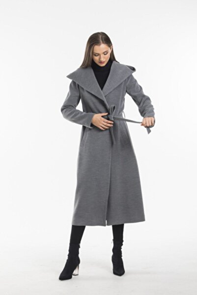 PİTTİ COLLECTİON Women's Gray Hooded Lined Long Cashmere Coat 70481
