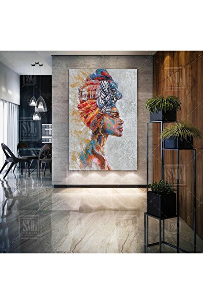SML TABLO Afrikalı Küpeli Kız Afrıcan Woman Gırl Siyahi Zenci Kadın Dikey Kanvas Tablo