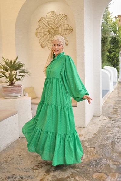 PİNK FLY Rochie hijab cu mâneci balon pentru femei, cu guler înalt, cu ciucuri