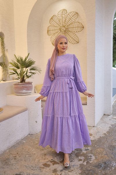 PİNK FLY Belted Lace Detailed Cutout Chiffon Neck Lined Long Women's Balloon Sleeve Hijab Dress