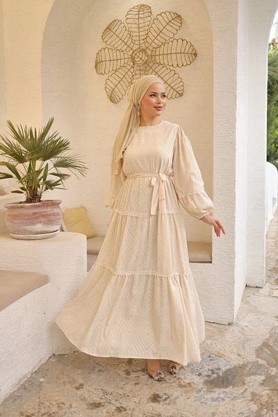 PİNK FLY Belted Lace Detailed Cutout Chiffon Neck Lined Long Women's Balloon Sleeve Hijab Dress