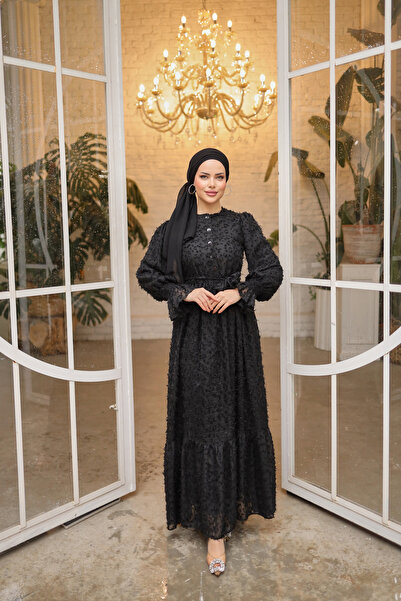 PİNK FLY Güpürlü Kuşaklı Düğmeli Kesme Şifon Boydan Astarlı Uzun Kadın Büzgülü Fırfırlı Kol Tesettür Elbise