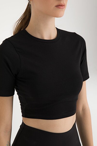SHEISMONO Βαμβακερή στρογγυλή λαιμόκοψη κοντό μανίκι Crop Top Μαύρο