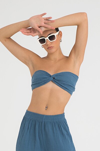 SHEISMONO Top crop cu nod de muselină Indigo