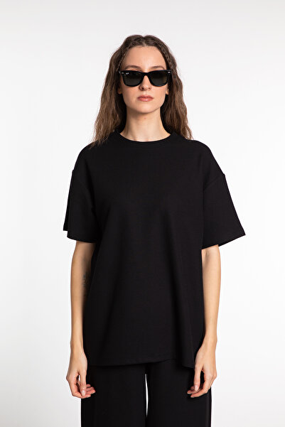 SHEISMONO Textured Short Sleeve Oversize T-shirt Black