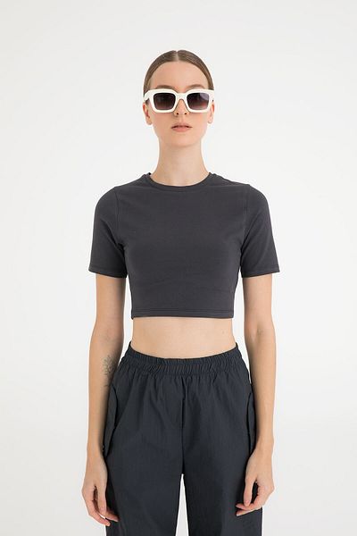 SHEISMONO Cotton Round Neck Short Sleeve Crop Top Smoked