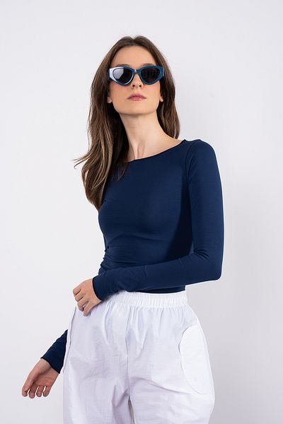 SHEISMONO Μπλούζα από βαμβακερή λαιμόκοψη Navy Blue
