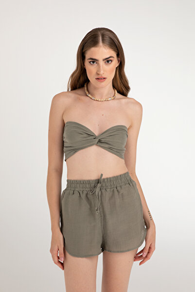 SHEISMONO Müslin Düğüm Crop Top Haki