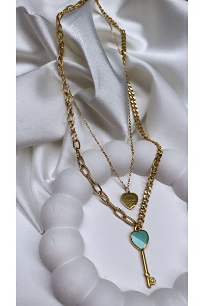 Accessories Anahtarlı Kalpli Çelik İkili Gold Renk Kolye