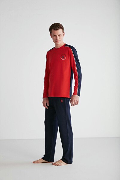 U.S. Polo Assn. Erkek Kırmızı & Lacivert Düz Paça Yuvarlak Yaka 2'li Pijama Takımı