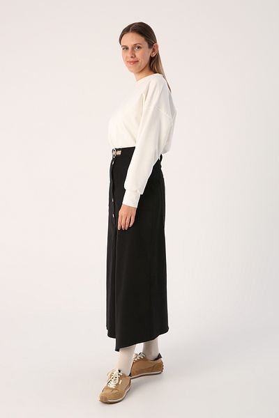 ALLDAY Black 100% Cotton Asymmetrical Skirt with Belt and Snap Fasteners