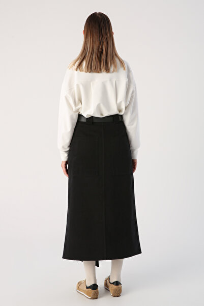 ALLDAY Black 100% Cotton Asymmetrical Skirt with Belt and Snap Fasteners