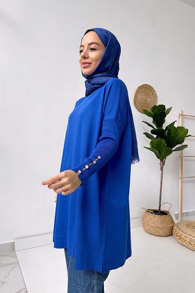 Ka Hijab Λεπτομέρεια μανίκι Mercerized Tunic - Saks Blue