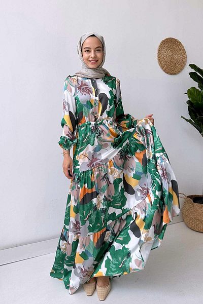 Ka Hijab Floral Satin Dress - Green