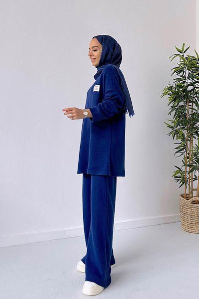 Ka Hijab Wide Leg Knitwear Hijab Set - Saks Blue