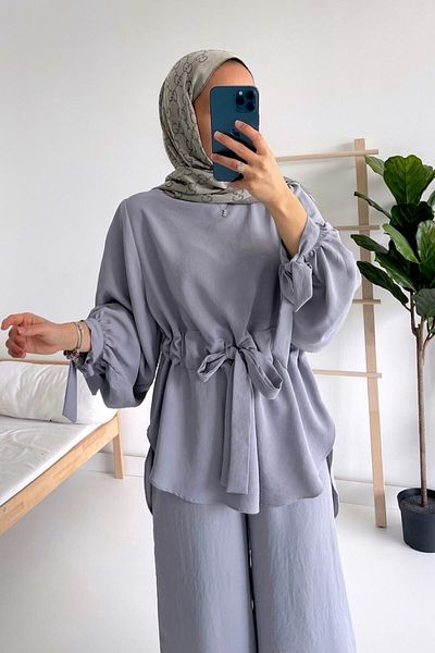 Ka Hijab حجاب رمادي - طقم بحزام مكون من قطعتين
