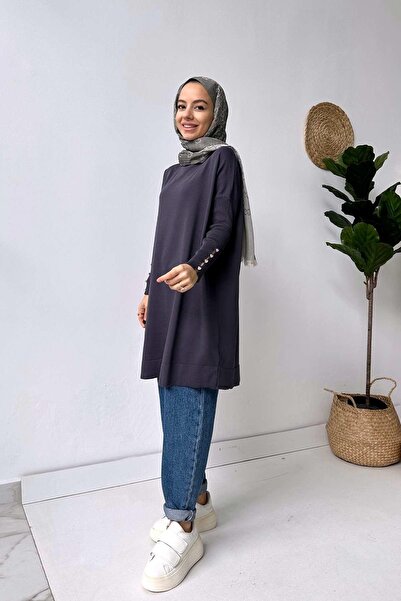 Ka Hijab Kol Detay Merserize Tesettür Tunik - Füme