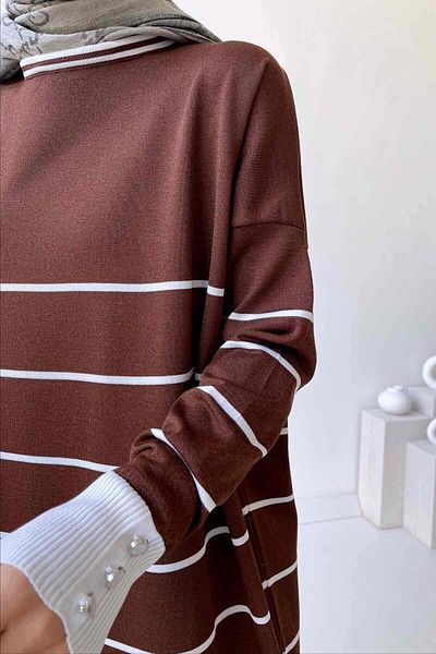 Ka Hijab Crew Neck Striped Mercerized Tunic - Brown