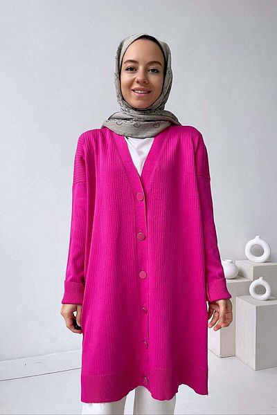 Ka Hijab Button Corded Mercerized Cardigan - Fuchsia